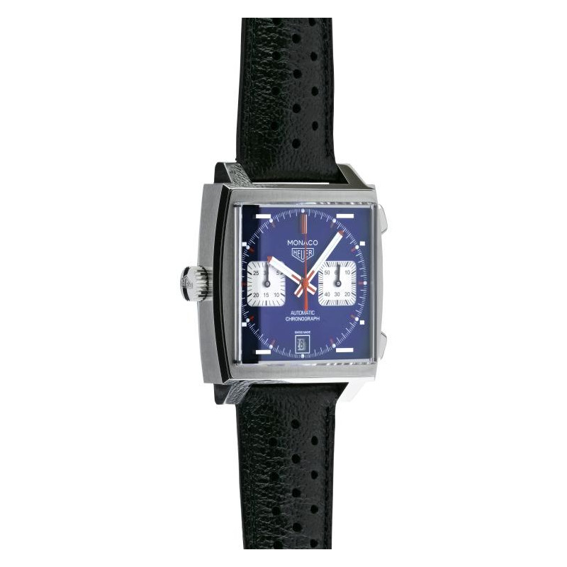 TagHeuer Monaco montre automatique calibre 11 bracelet cuir bleu.