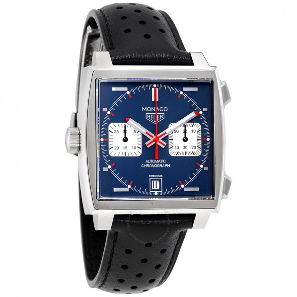 TagHeuer Monaco montre automatique calibre 11 bracelet cuir bleu.